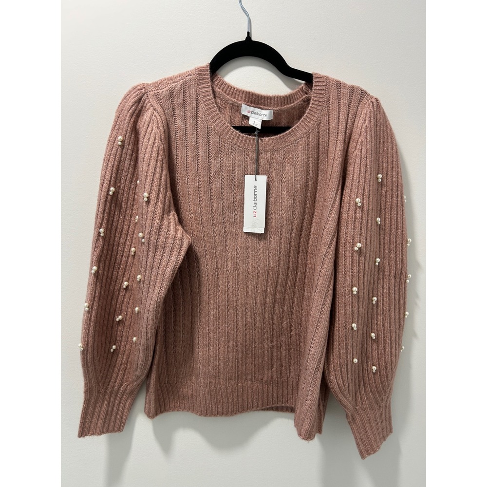 NWT Liz Claiborne Women Pearl Embellished Puff Sleeve Ribbed Knit Sweater Pink L